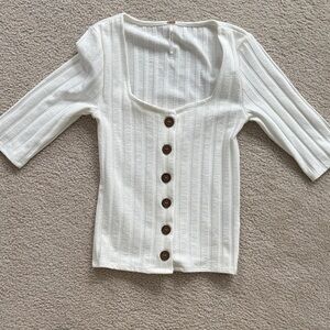 Free People White Short Sleeve Button-Up Top